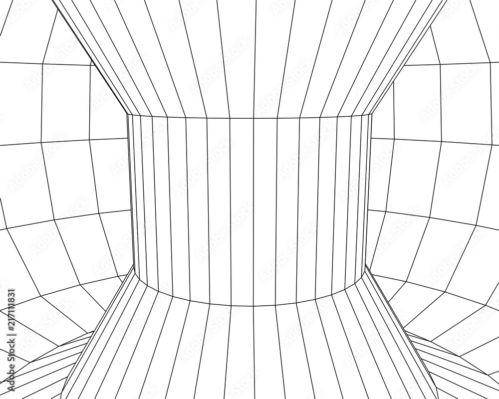 Poster tunnel or wormhole. digital 3d wireframe tunnel. 3d tunnel grid. network cyber technology.