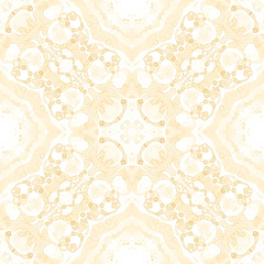 Yellow seamless pattern. Appealing delicate soap bubbles. Lace hand drawn textile ornament. Kaleidos