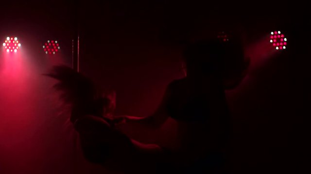 Two sexy girls in their underwear are dancing together an erotic dance near a pole in a strip club under the light of a red spotlight and smoke.