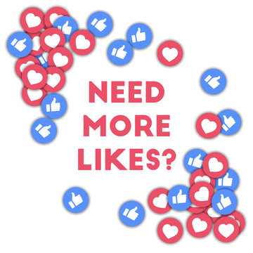 Need more likes?. Social media icons in abstract shape background with scattered thumbs up and heart
