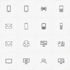 Communications line icon set with badge, network and chat emotion