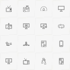 Communications line icon set with file transfer, smart phone and conversation