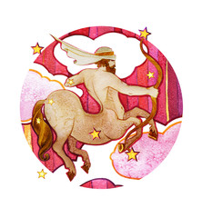 Astrological sign of the zodiac Sagittarius watercolor with retro style, on a round  pattern background