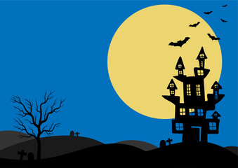 Halloween background vector with dark pumpkin, moon and bat silhouette style of sunset blue light