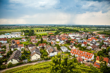 Fototapeta na wymiar Landscape view to small German village from above aerial with tiny hauses