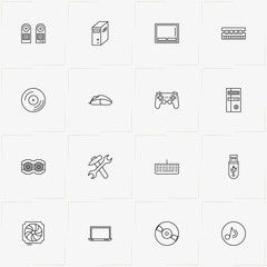 Computer line icon set with computer keyboard, computer loudspeaker columns and compact disk