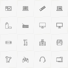 Computer line icon set with printer, flash card  and micro board