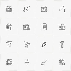 Construction line icon set with invoice, wide brush and bricks