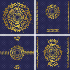 Set of four romantic cards. Vintage style. Gold decoration on blue background