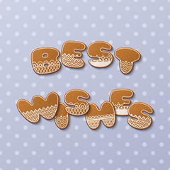 Best wishes inscription made of gingerbread cookies with icing on polka dot background. Vector Illustration