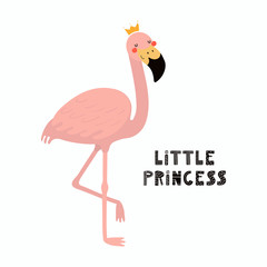 Hand drawn vector illustration of a cute funny flamingo in a crown, with lettering quote Little princess. Isolated objects on white background. Scandinavian style flat design. Concept children print.