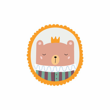 Hand drawn vector illustration of a cute funny portrait in a frame of king bear. Isolated objects. Scandinavian style flat design. Concept for children print.