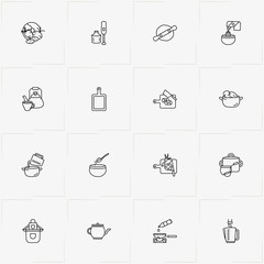 Cooking line icon set with apron, vegetables and blender