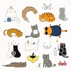 Satz süße lustige Farbkritzeleien verschiedener Katzen. Isolierte Objekte auf weißem Hintergrund. Handgezeichnete Vektor-Illustration. Strichzeichnung. Designkonzept für Poster, T-Shirt, Modedruck.