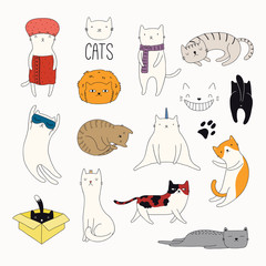 Set of cute funny color doodles of different cats. Isolated objects on white background. Hand drawn vector illustration. Line drawing. Design concept for poster, t-shirt, fashion print.