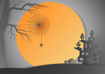 Halloween background vector with dark castle, moon and bat silhouette style of sunset orange light, paper art with shadow modern concept