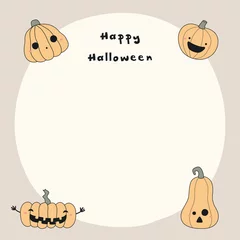 Sierkussen Hand drawn vector illustration of a kawaii funny pumpkin jack o lanterns, with text Happy Halloween, copy space. Isolated objects. Line drawing. Design concept for print, card, invitation. © Maria Skrigan