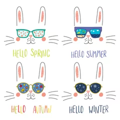Keuken spatwand met foto Set of cute bunny faces in sunglasses with summer, autumn, winter, spring symbols reflected, text. Isolated objects on white. Hand drawn vector illustration. Line drawing. Concept four seasons. © Maria Skrigan