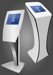 Two Promotional Interactive Information Kiosk, Advertising Display, Terminal Stand, Touch Screen Display. Mock Up Template.
