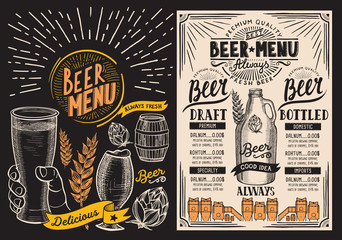 Beer drink menu for restaurant and cafe. Design template with hand-drawn graphic illustrations. Vector beverage flyer for bar.