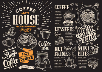 Coffee restaurant menu on chalkboard. Vector drink flyer for bar and cafe. Design template with vintage hand-drawn food illustrations.