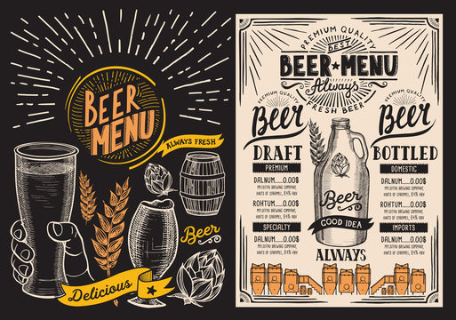 Beer drink menu for restaurant and cafe. Design template with hand-drawn graphic illustrations. Vector beverage flyer for bar.