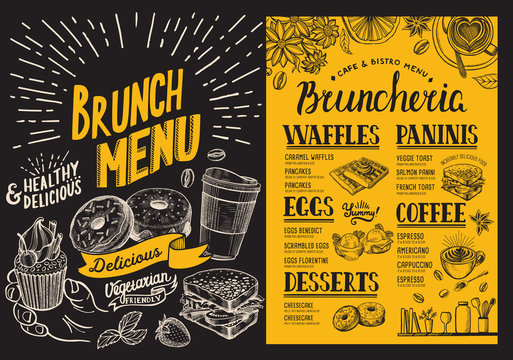 Brunch menu. Food flyer for restaurant and cafe. Design template with vintage hand-drawn illustrations.
