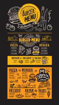 Burger restaurant menu. Vector food flyer for bar and cafe. Design template with vintage hand-drawn illustrations on blackboard background.