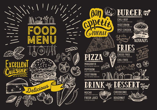 Food menu for restaurant with burger. Vector food flyer for bar and cafe on blackboard background. Design template with vintage hand-drawn illustrations.