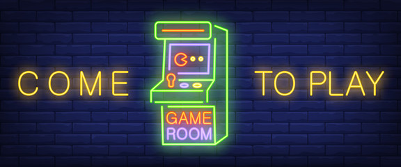 Come to play, game room neon text with arcade game machine. Technology and entertainment concept. Advertisement design. Night bright neon sign, light banner. Vector illustration in neon style.