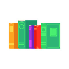Flat book pile or column standing at bookshelf in row. Paper symbol of education, library literature and wisdom. School, college or university studying equipment. Vector isolated illustration.