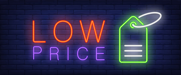 Low price neon text with tag. Shopping, retail and sale concept. Advertisement design. Night bright neon sign, colorful billboard, light banner. Vector illustration in neon style.