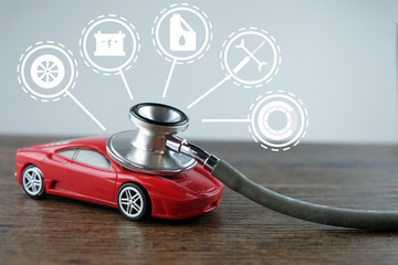 Stethoscope checking up the car with car service icon, Concept of car check-up, repair and maintenance..