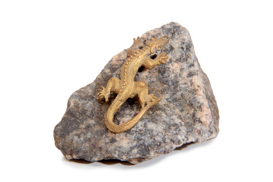 Bronze lizard on a granite stone on a white background