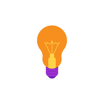 Incandescent light bulb flat icon with yellow luminous glass and violet socket isolated on white background. Lamp vector illustration - innovation and creativity concept.