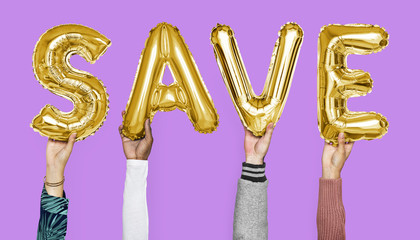 Hands showing save balloons word