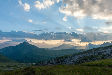 Fototapeta premium Landscape shot at the Passo di Giau, in the the Italian Dolomites, during the Golden Hour.