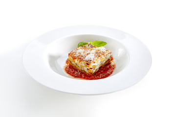 Lasagna with Tomato Sauce Isolated on White Background