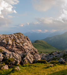 Looking down into the Valley from the Giau Pass in the Italian Dolomites at Sunset.