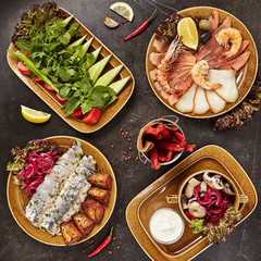 Cold Snack Collection with Fresh Vegetables, Seafood and Pickles Top View