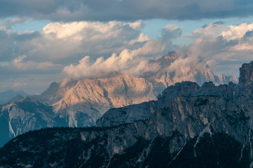 Fototapeta premium Landscape shot at the Passo di Giau, in the the Italian Dolomites, during the Golden Hour.
