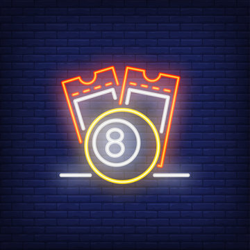 Neon Icon Of Lottery Tickets. Scratch Coupons And Ball With Figure Of Eight On Brick Wall Background. Lotto Playing Concept. Can Be Used For Neon Signs, Posters, Billboards, Banners.