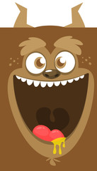 Cartoon funny monster smile. Vector Halloween brown cool monster. Big set of monster faces. Package design