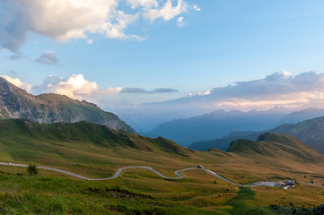 Sunset at the Passo di Giau, in the Italian Dolomites, on a late July evening.