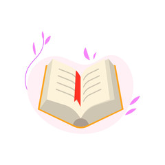 Open paper book with yellow hardcover and red bookmark isolated on white background with decorative elements - literary object for education or reading recreation in flat vector illustration.