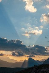 Rays of Light cast an inverted Jacob's ladder, as the sun sets behind the Italian Dolomites. Image from the Giao Pass at Sunset.