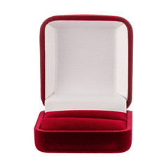 Open square red velvet box for jewelry isolated on white background