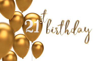 Gold Happy 21st birthday balloon greeting background. 3D Rendering