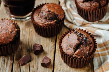 Chocolate chips oats chocolate muffins with coffee