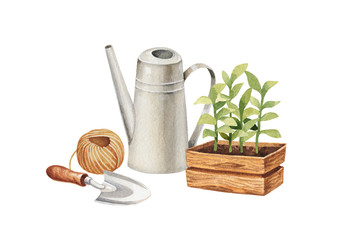 Watercolor illustration of garden tools © Aleksandra Smirnova